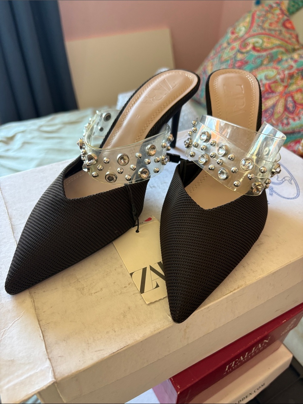 Zara Studded Clear-Strap Black Pointed Mule - Women's Dress Heels size 39 US 8.5